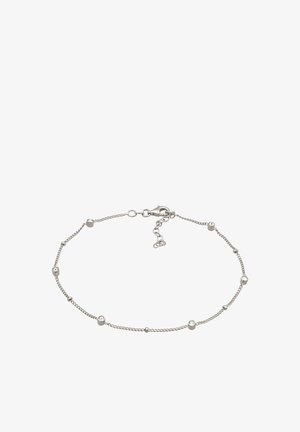 Silberne Kettenarmband mit runden und zylindrischen Perlen, die mit kleinen klaren Edelsteinen abwechseln. Sicherer Karabinerverschluss mit Verlängerungskette.