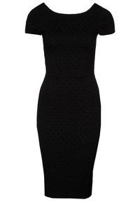 Svart figurnära klänning med korta ärmar, rundad halsringning och texturerat mönster genom hela plagget. Midilängdsgörning som är figursydd vid midjan.