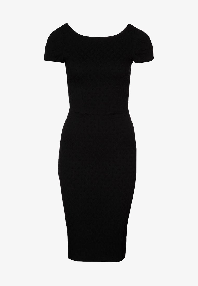 Svart figurnära klänning med korta ärmar, rundad halsringning och texturerat mönster genom hela plagget. Midilängdsgörning som är figursydd vid midjan.
