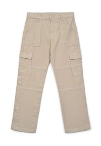 Beige Cargo-Hosen aus strapazierfähigem Stoff, mit mehreren Taschen, geraden Beinen und Kontrastnähten für zusätzlichen Textur.