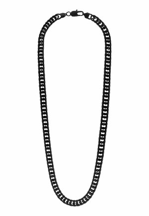 Zwarte metalen kettingen ketting met platte, in elkaar grijpende schakels en een karabijnsluiting op een witte achtergrond.