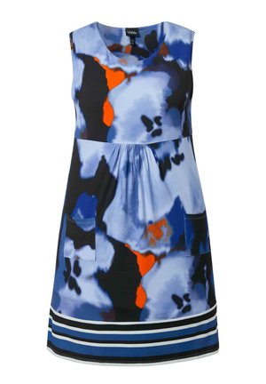 Vestito senza maniche con motivo astratto in blu, nero e arancione, due tasche anteriori, dettaglio arricciato sotto la scollatura e orlo a righe.