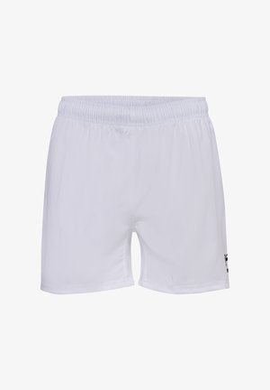 Hvide sportsshorts med elastik i taljen og lille sort logo på højre ben, vist på hvid baggrund.