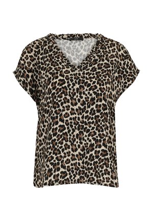 Top corto a maniche corte con stampa leopardata e scollatura a V, realizzato in tessuto leggero, con colori nero, marrone e crema, in una vestibilità rilassata.