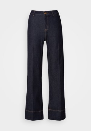 Mørke denim vidde bukser med høy midje, med frontknappelukking og oransje sømdetaljer. Glatt tekstur hele veien.
