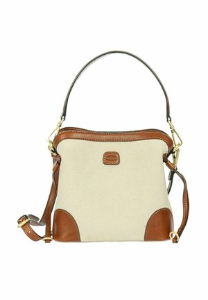 Borsa in tessuto beige con rifinitura in pelle marrone, due manici: una maniglia corta e una tracolla regolabile e staccabile con ferrature dorate.