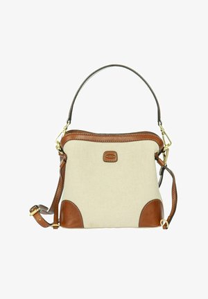 Beige stoffen handtas met bruine leren afwerking, twee banden – een korte handgreep en een afneembare verstelbare schouderriem met gouden beslag.