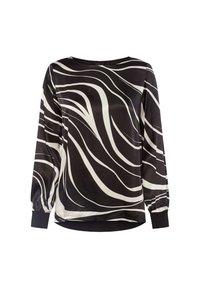 Zwarte blouse met lange mouwen en witte golvende strepen, ronde hals en elastische manchetten. Zacht materiaal met een ontspannen pasvorm.