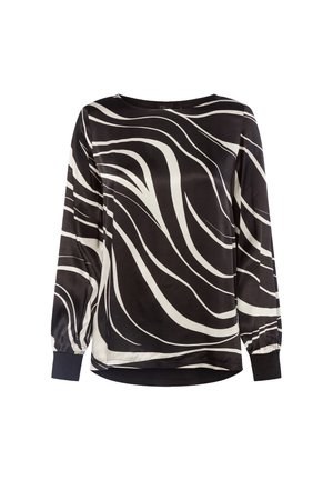 Blusa nera a maniche lunghe con strisce bianche ondulate, collo rotondo e polsini elasticizzati. Tessuto morbido con una vestibilitàrilassata.