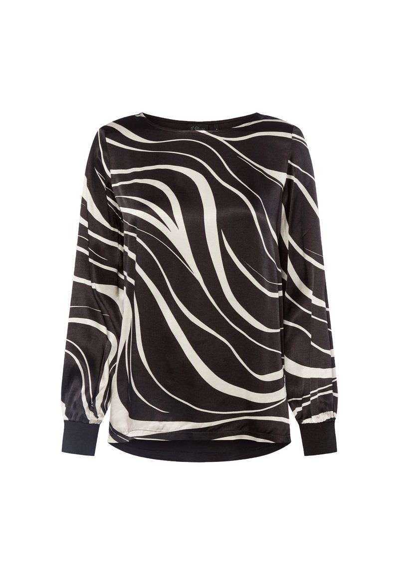 Zwarte blouse met lange mouwen en witte golvende strepen, ronde hals en elastische manchetten. Zacht materiaal met een ontspannen pasvorm.
