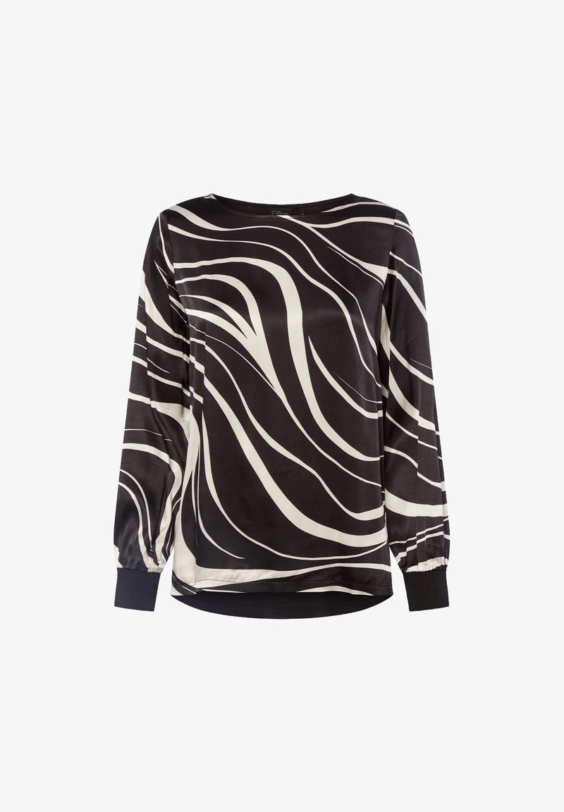 Zwarte blouse met lange mouwen en witte golvende strepen, ronde hals en elastische manchetten. Zacht materiaal met een ontspannen pasvorm.