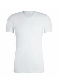 T-shirt blanc à manches courtes et col en V, fabriqué en tissu doux, avec une texture lisse et une coupe ajustée, idéal pour un look décontracté.