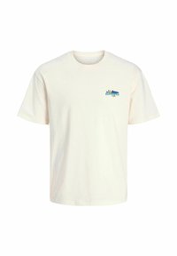Lichtcrème katoenen t-shirt met korte mouwen. Heeft een blauwe en gele grafische print op het gebied van de linkerkant van de borst. Klassieke ronde halslijn.