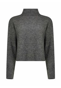 Maglione corto grigio con collo alto, maniche lunghe, polsini e orlo inferiore a coste. Realizzato in materiale a maglia testurizzato.