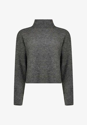 Maglione corto grigio con collo alto, maniche lunghe, polsini e orlo inferiore a coste. Realizzato in materiale a maglia testurizzato.