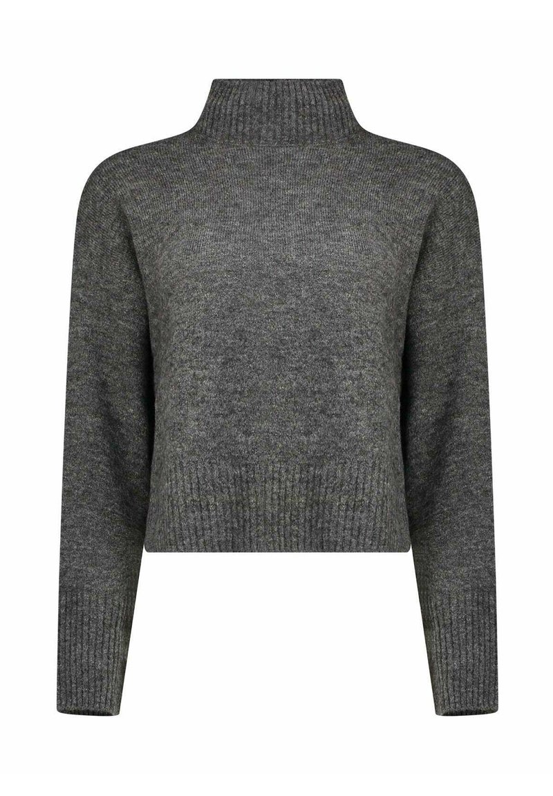 Maglione corto grigio con collo alto, maniche lunghe, polsini e orlo inferiore a coste. Realizzato in materiale a maglia testurizzato.