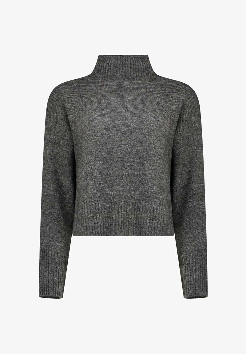 Maglione corto grigio con collo alto, maniche lunghe, polsini e orlo inferiore a coste. Realizzato in materiale a maglia testurizzato.