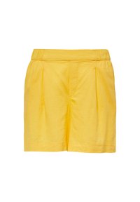 Shorts en lin jaune avec une texture lisse, présentant un design à pli sur le devant et une taille élastique pour plus de confort.