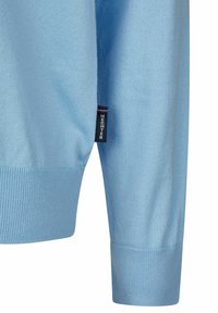 Light blue sweater featuring smooth knit texture, ribbed cuffs, and a brand label on the side. Simple and clean design with no visible patterns.