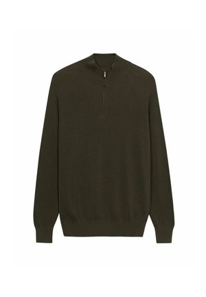 Pull-over en maille vert olive foncé avec manches longues et une courte fermeture éclair à l'avant du col.