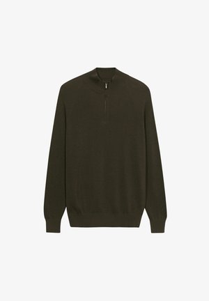 Dunkelolivgrüner, gestrickter Pullover mit langen Ärmeln und einem kurzen Reißverschluss vorne am Kragen.