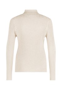 Beige gerippter Rollkragenpullover mit langen Ärmeln, der eine figurbetonte Form und eine weiche Textur aufweist. Keine sichtbaren Logos oder Muster.