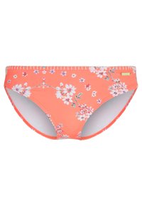 Bañador de bikini coral con un estampado floral, que presenta flores blancas y moradas. Fabricado en un tejido elástico con un corte de altura media y cintura elástica.