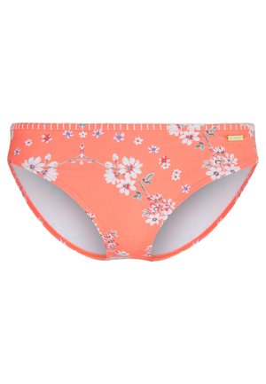 Koraalkleurige bikini-bodems met een bloemenprint, voorzien van witte en paarse bloemen. Gemaakt van rekbaar materiaal met een gemiddelde taillehoogte en een elastische tailleband.