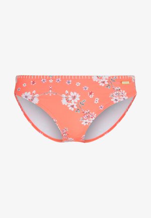 Koraalkleurige bikini-bodems met een bloemenprint, voorzien van witte en paarse bloemen. Gemaakt van rekbaar materiaal met een gemiddelde taillehoogte en een elastische tailleband.