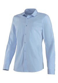 Hellblaues Langarmhemd aus glattem Stoff, mit klassischem Kragen, Knopfverschluss und einfachen Manschetten. Flacher Saum.