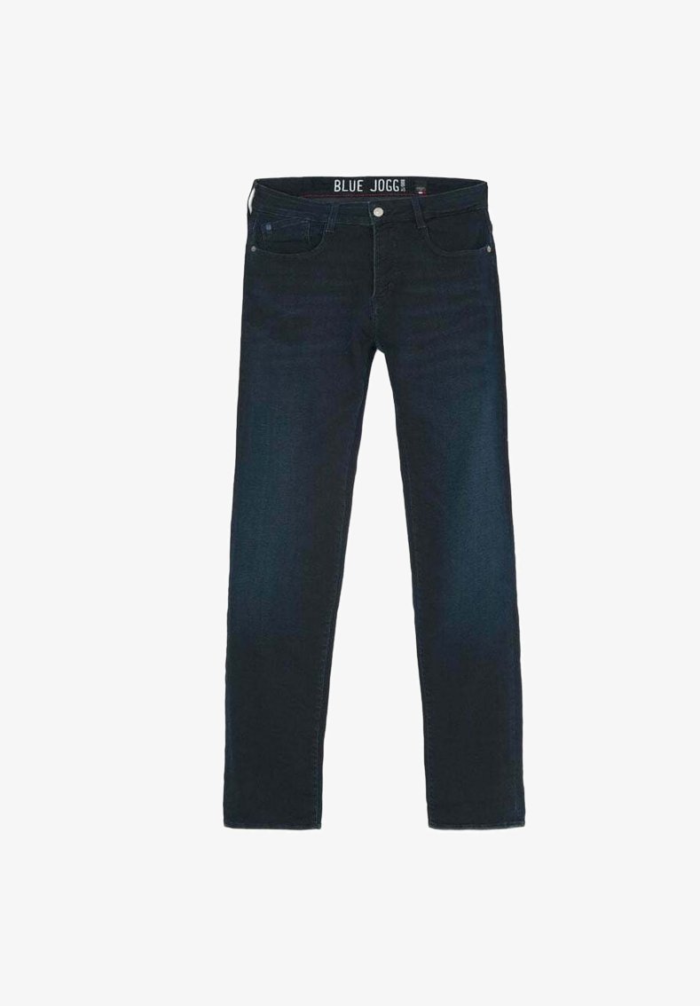 Joggers jeans de mezclilla de color azul oscuro, con cinco bolsillos, cierre de botón y un diseño de pierna ligeramente ajustada.