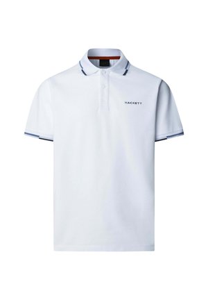 Wit poloshirt met korte mouwen, marineblauwe bies aan de kraag en mouwen, twee knopen en het "HACKETT" logo op de linkerborst.