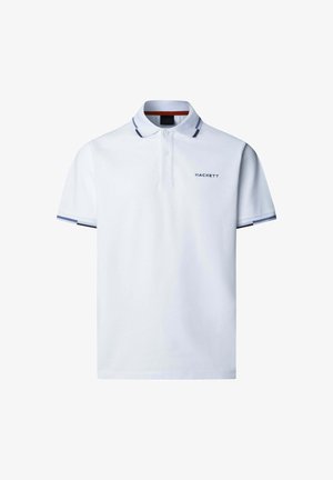 Wit poloshirt met korte mouwen, marineblauwe bies aan de kraag en mouwen, twee knopen en het "HACKETT" logo op de linkerborst.