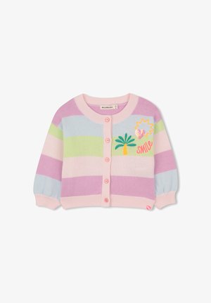 Cardigan a righe in colori pastello: rosa, lavanda, verde e blu. Presenta una scollatura tonda, chiusura con bottoni e un motivo di palma ricamato.