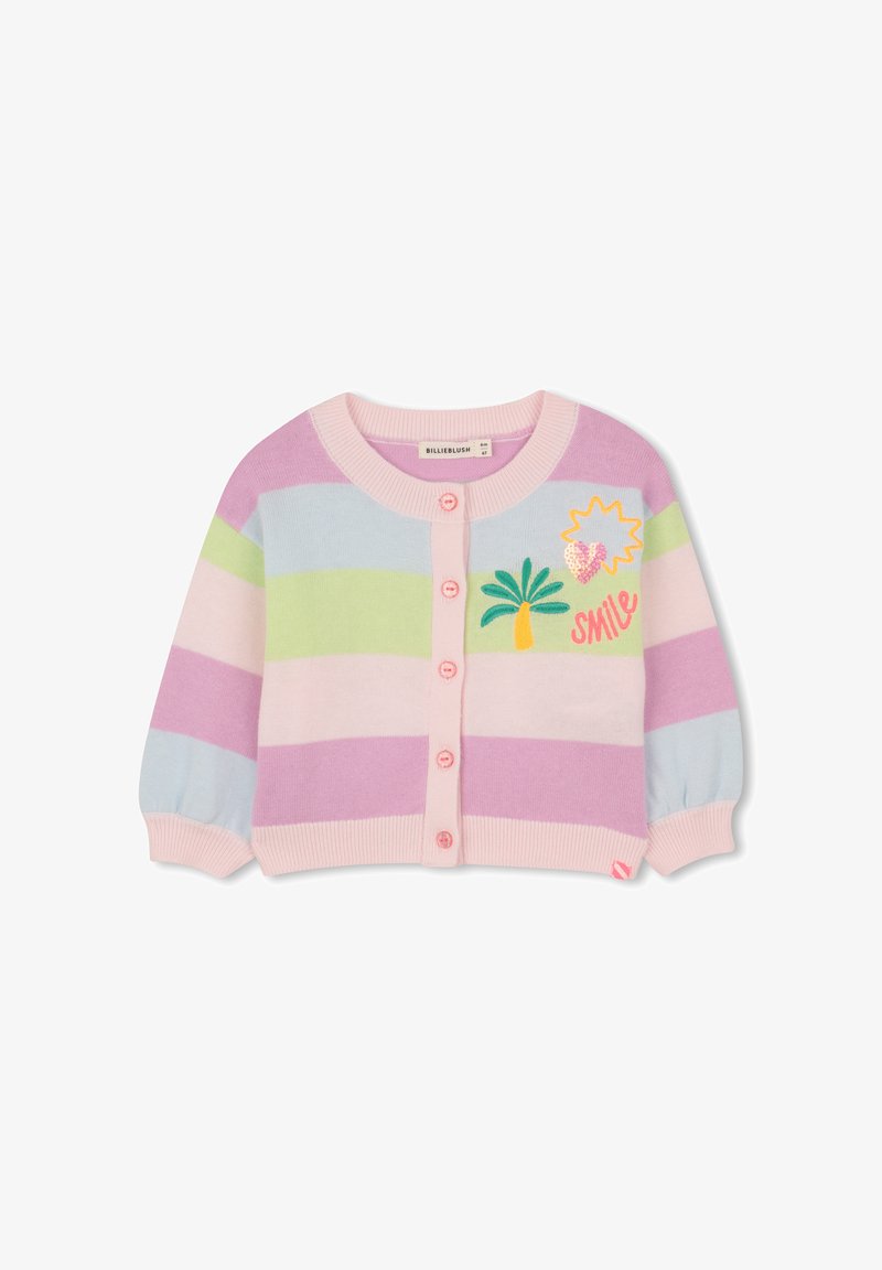 Cardigan rayé aux couleurs pastel : rose, lavande, vert et bleu. Comprend un col rond, une fermeture à boutons et un motif de palmier brodé.