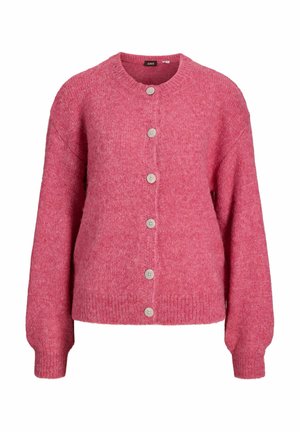 Różowy sweter kardigan z długimi rękawami, okrągłym dekoltem, prążkowanymi mankietami i dołem oraz sześcioma guzikami z przodu pośrodku.