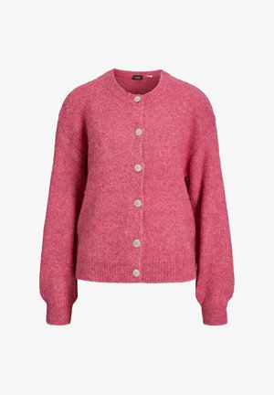 Różowy sweter kardigan z długimi rękawami, okrągłym dekoltem, prążkowanymi mankietami i dołem oraz sześcioma guzikami z przodu pośrodku.