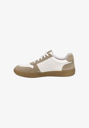 Sneaker featuring a white leather upper with beige suede accents, round toe, lace closure, and a textured gum rubber sole.