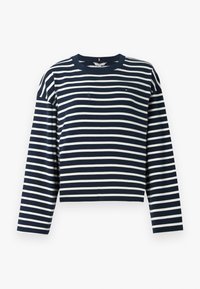 Camisa de rayas en azul marino y blanco de manga larga con cuello redondo. Fabricada en una tela suave y lisa que presenta un pequeño logo en el pecho.