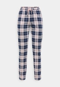 Pantalonas de pijama xadrez em azul marinho e rosa claro. Cintura elástica com cordão, design de perna reta, tecido macio e padrão quadrado.