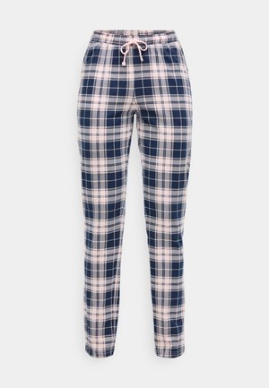 Kárované pyžamové nohavice v tmavomodrej a svetloružovej farbe. Elastický pás s šnúrkou, rovný strih, mäkký materiál a karovaná vzor.