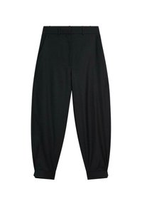 Black, tailored trousers with a smooth texture, featuring a button waistband, two side pockets, and rolled hems for a tapered fit.