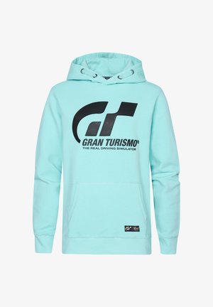 Felpa turchese con tasca frontale, cappuccio con cordino regolabile e stampa nera del logo "Gran Turismo" sul petto.