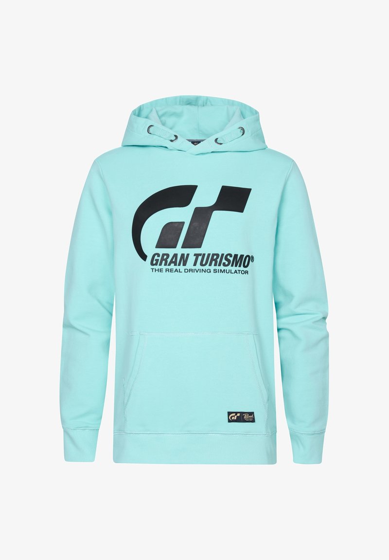 Tyrkysová mikina s kapucí, přední kapsou, nastavitelnou kapucí se šňůrkou a černým potiskem loga "Gran Turismo" na hrudi.
