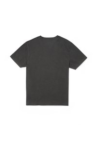 Donkergrijze t-shirt, korte mouwen, ronde hals, gemaakt van zachte stof. Eenvoudig ontwerp zonder patronen of accenten, met een rechte zoom.