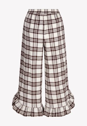 Spodnie o szerokich nogawkach w brązowo-kremowy wzór w kratę, z elastycznym paskiem w talii i marszczonymi wykończeniami na dole.