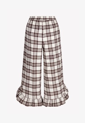 Spodnie o szerokich nogawkach w brązowo-kremowy wzór w kratę, z elastycznym paskiem w talii i marszczonymi wykończeniami na dole.