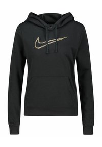 Černá mikina s kapucí, přední kapsou a zlatým logem Nike vyšitým na hrudi. Měkká tkanina s hladkým povrchem.
