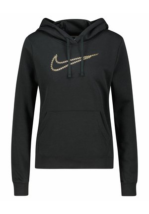 Hoodie noir avec une poche avant, capuche à cordons et un logo Nike doré brodé sur la poitrine. Tissu doux avec une texture lisse.