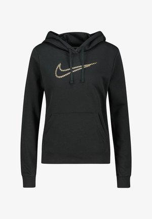 Hoodie noir avec une poche avant, capuche à cordons et un logo Nike doré brodé sur la poitrine. Tissu doux avec une texture lisse.
